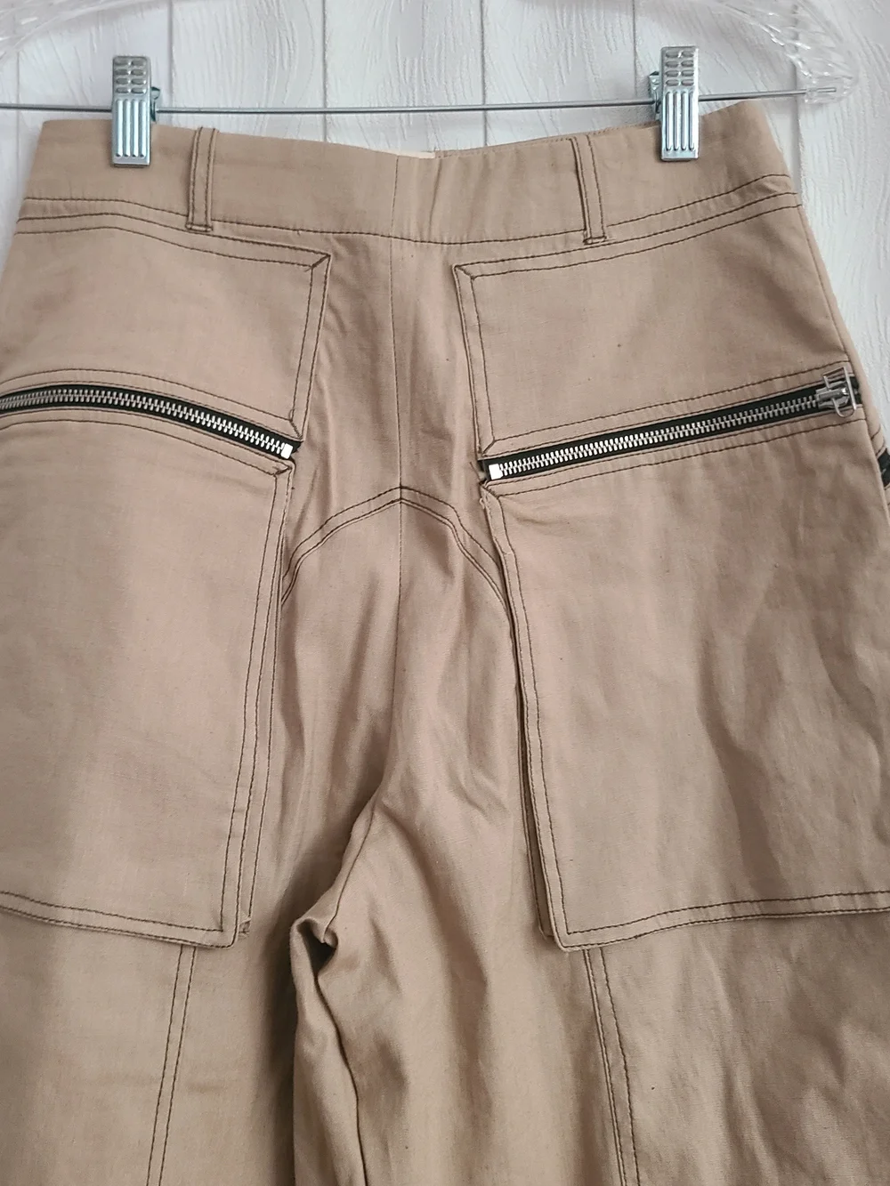 Zara Sz S Beige Exposed Zipper Pockets Wide Leg Casual Linen Blend Neutral Pant